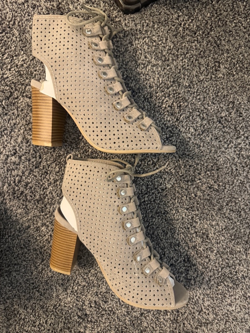 Cupid Taupe Lace-Up Peep-Toe Block Heel Ankle Boots